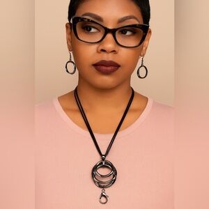 Black Leather Cord Necklace w/Interlocking Silver Rings & Matching Hoop Earrings